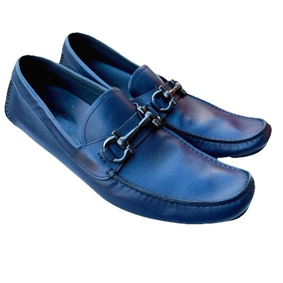 Ferragamo Navy Leather Gancini Loafers – NWOT, Gunmetal Bit, Italian Classic - Picture 2 of 16